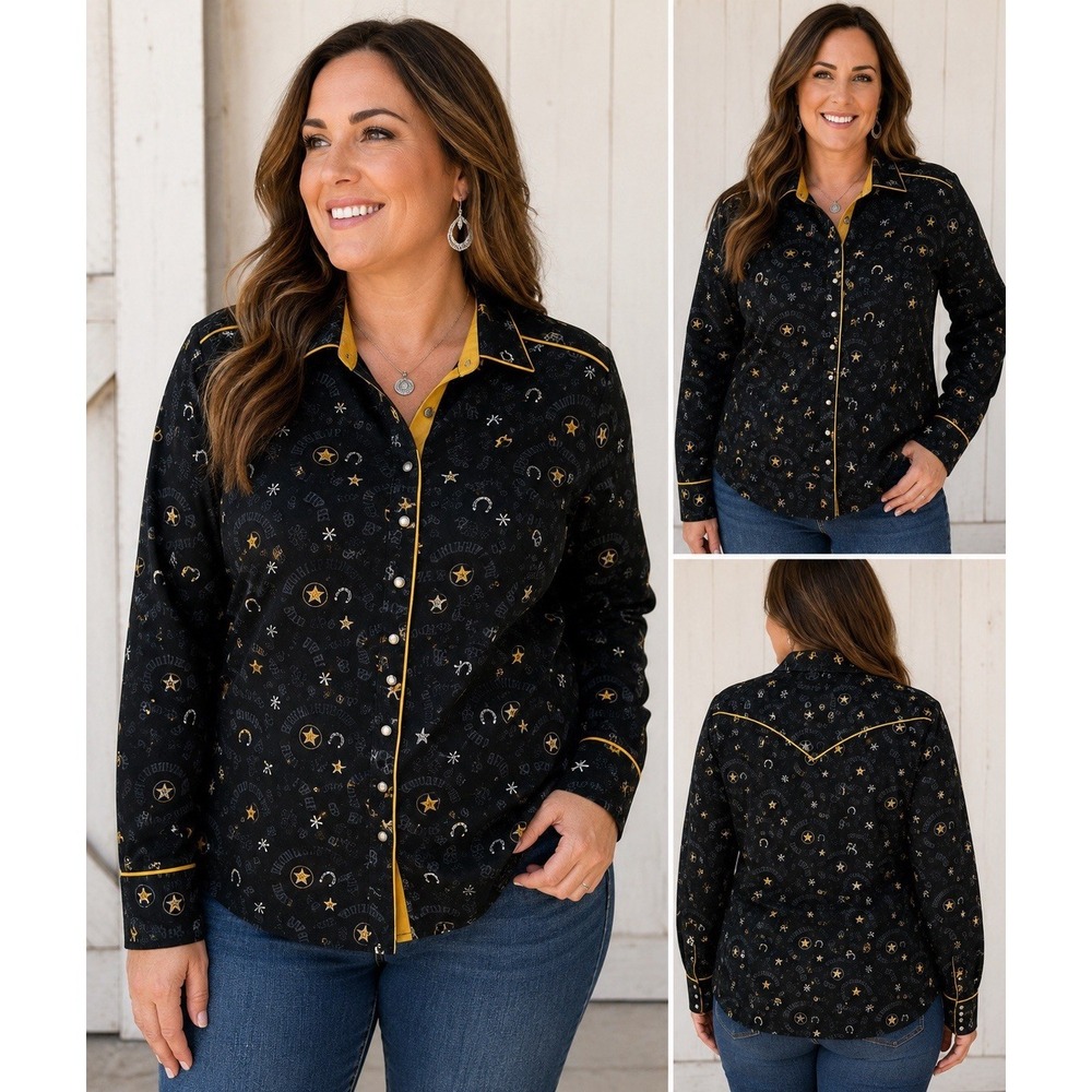 Panhandle Slim Womens XL Western Snap Shirt Black Cowboy Print 100% Cotton #47